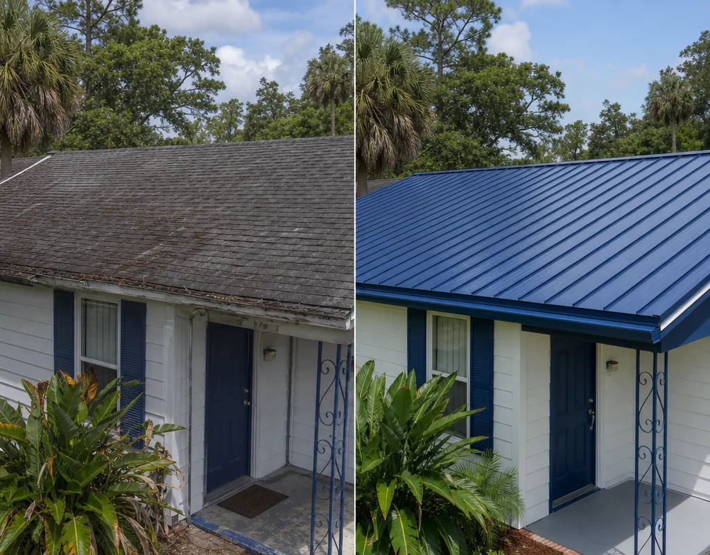 Before-and-after view showing an older shingle roof and the finished aligned metal roof-over