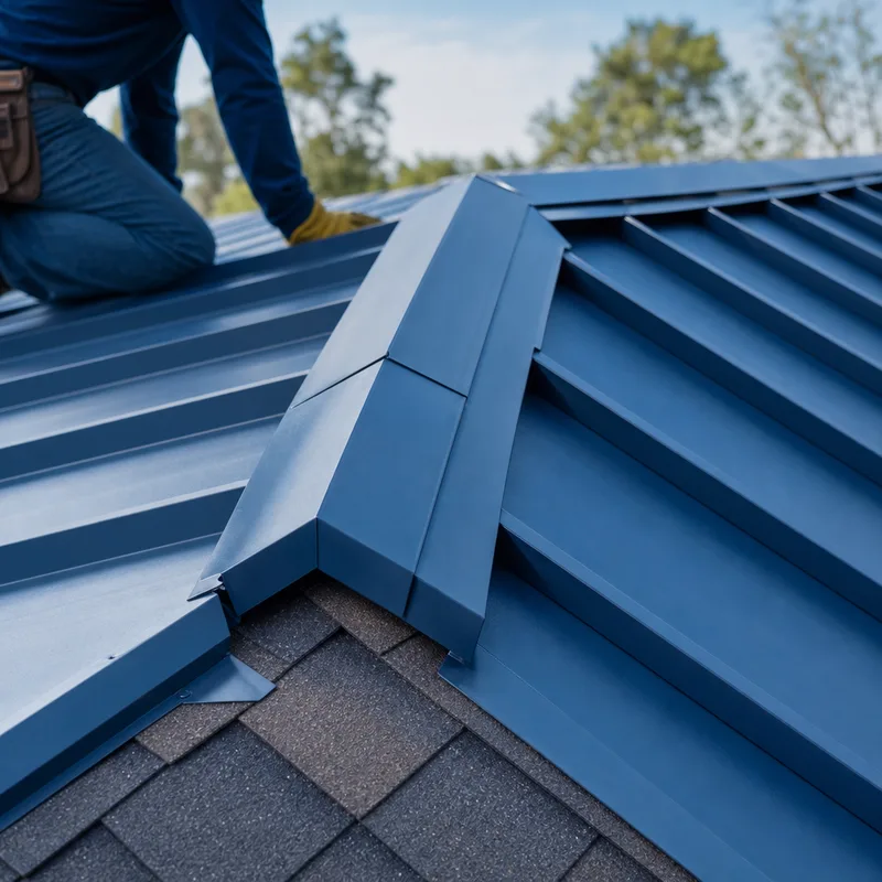 Ridge and hip cap details with clean laps, closures, and straight lines on a metal roof over shingles