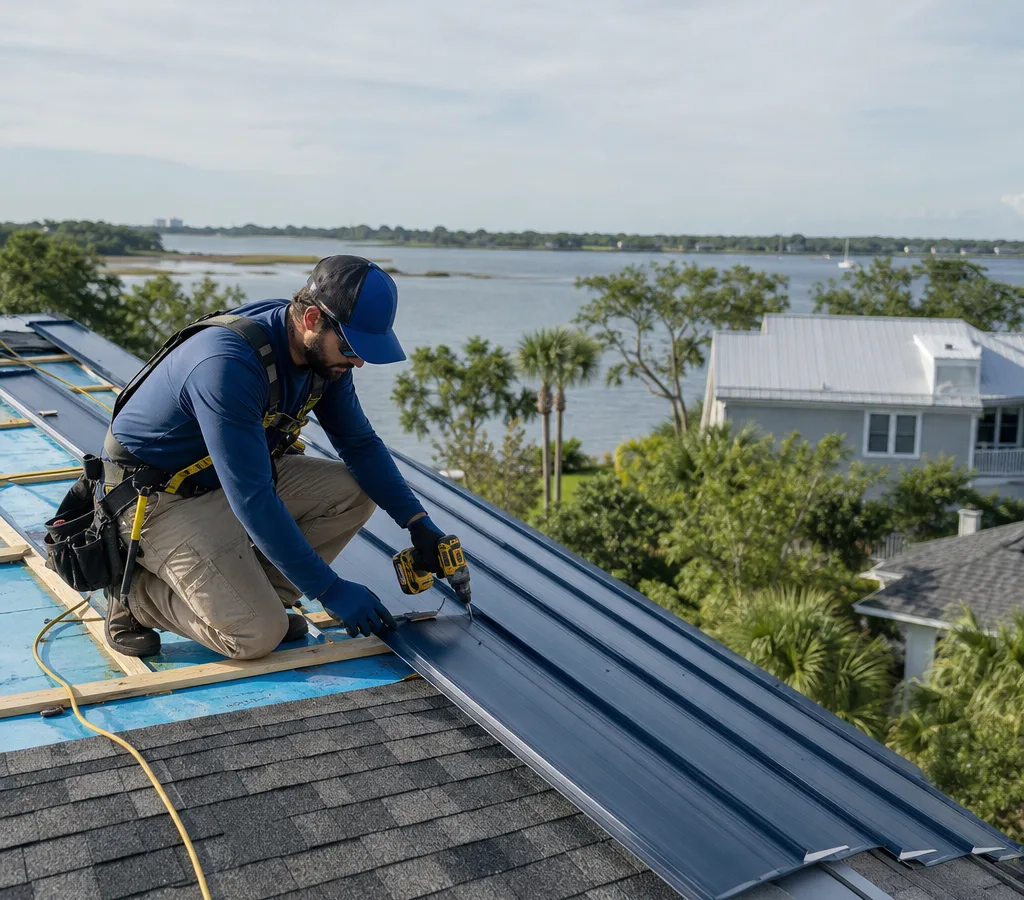 Installer fastening metal roofing over shingles with furring strips and underlayment visible at a Jacksonville home