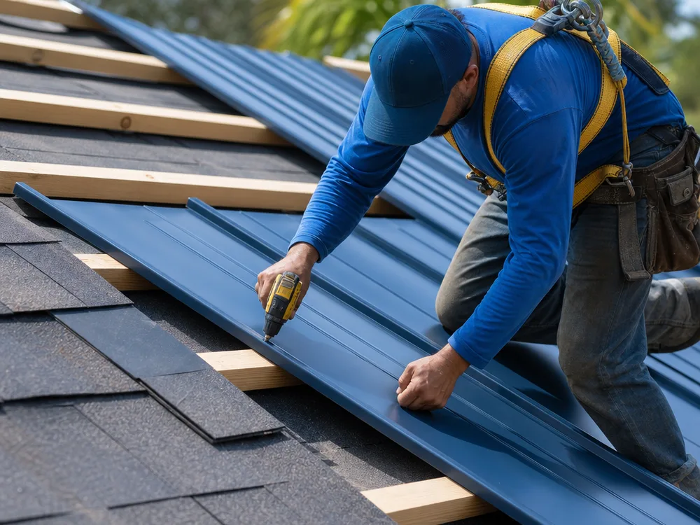 Close-up of furring strips, underlayment, and a metal panel being installed over asphalt shingles