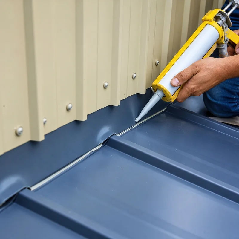 Metal roof wall transition with properly layered flashing and appropriate sealant during installation