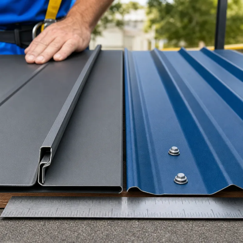 Close comparison of a standing seam panel with concealed clips and an exposed-fastener panel with properly seated washered screws