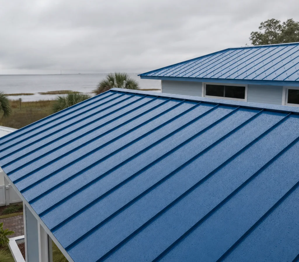Jacksonville home with standing seam roofing in front and exposed-fastener metal roofing on a separate structure after rain