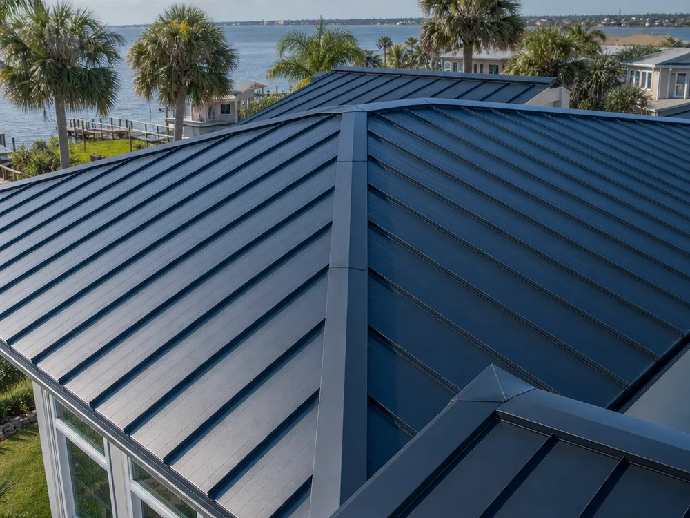 Standing seam roof with straight consistent seams and clean ridge-cap alignment on a Jacksonville residence
