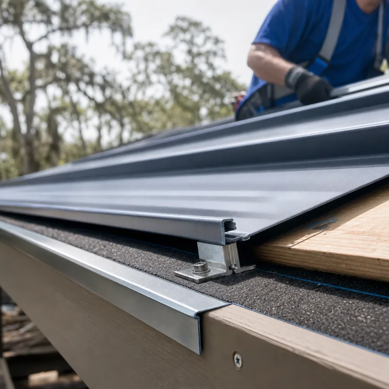Standing seam roof edge with concealed clips, fasteners, underlayment, and drip edge