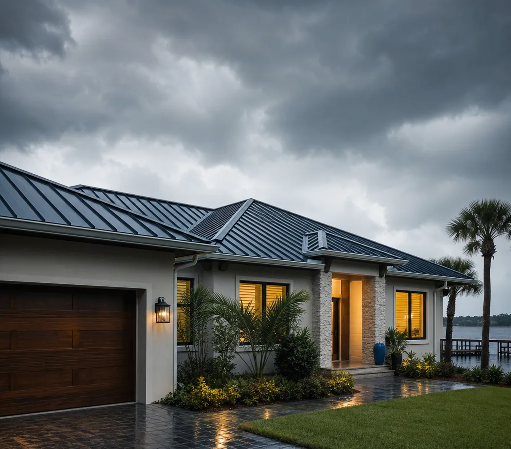 Jacksonville home with a standing seam metal roof beneath dark storm clouds