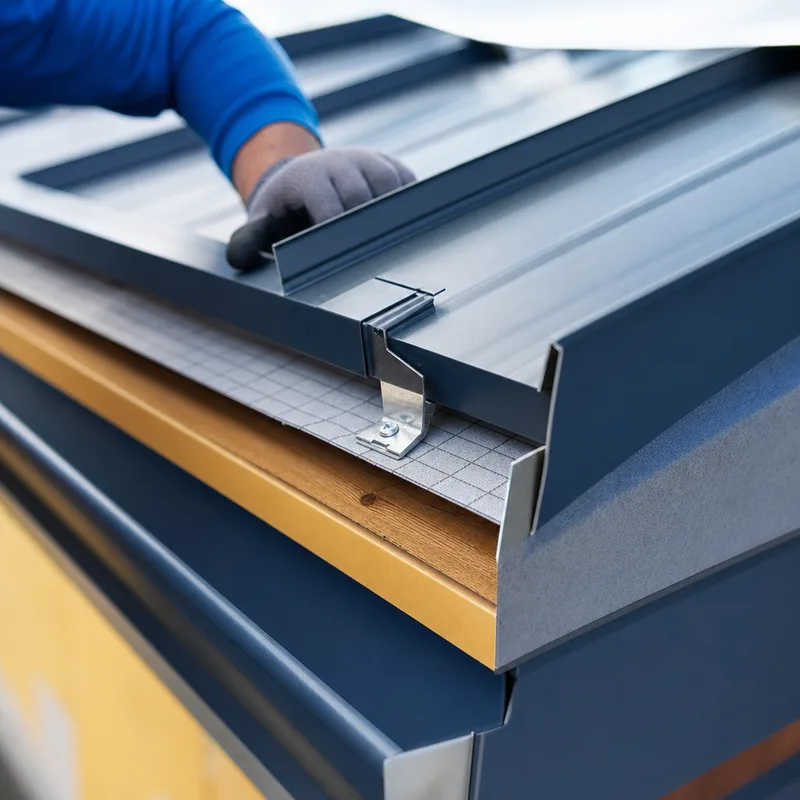 Standing seam roof clip area, underlayment, and aligned metal panels at an eave