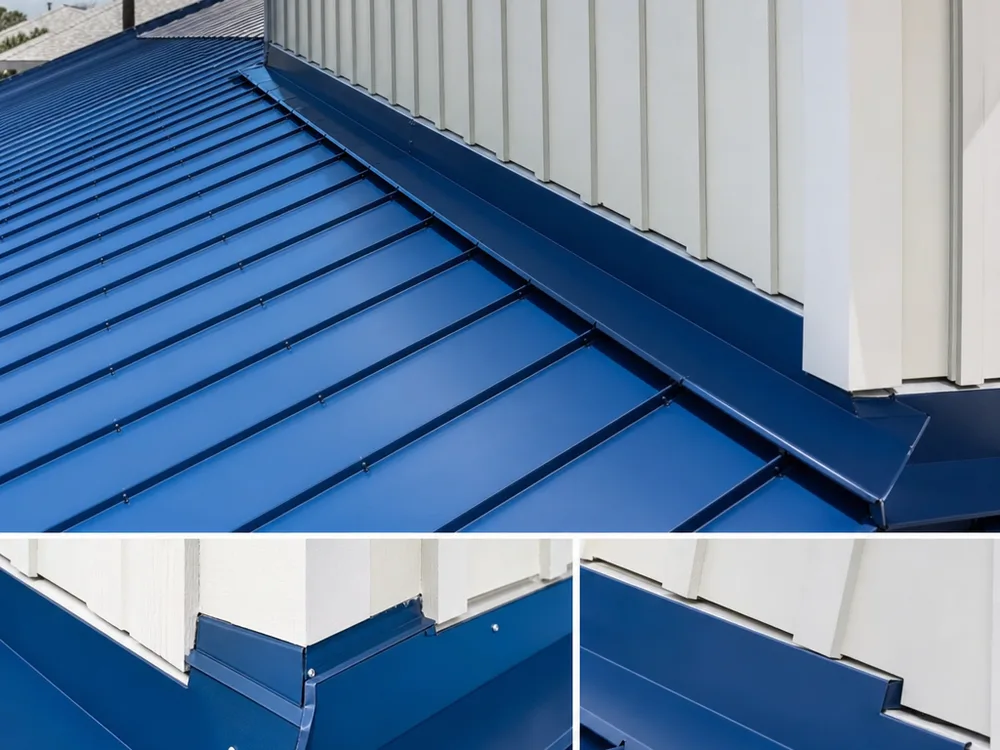 Exposed-fastener metal roof closures and flashing at a wall transition