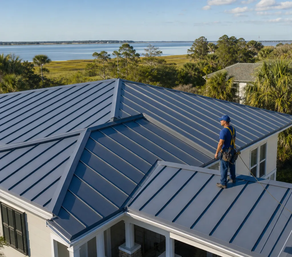 Completed standing seam metal roof on a Jacksonville-area home
