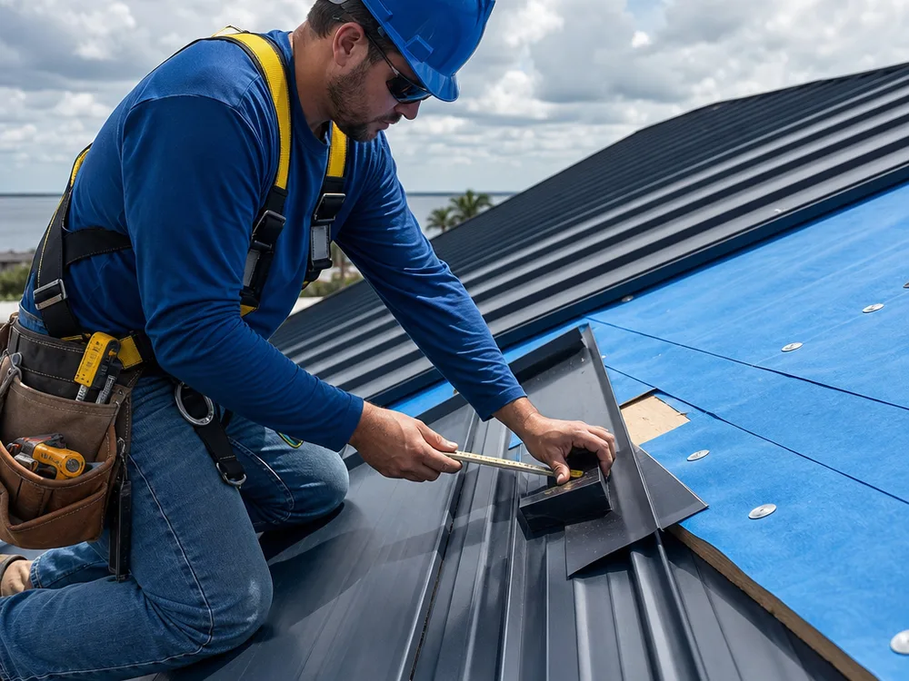 Roofer measuring roof pitch and reviewing metal roof underlayment and flashing