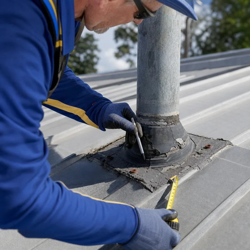 Technician measuring and documenting a deteriorated pipe boot and fasteners before repair