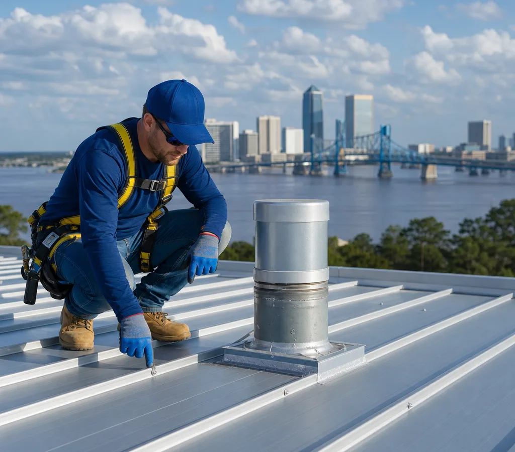 Technician inspecting seams and fasteners near a metal roof penetration in Jacksonville
