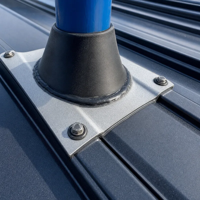 Close-up of a properly installed pipe boot, clean sealant bead, and correctly fastened flashing on a metal panel roof