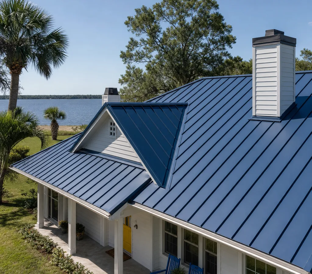 Jacksonville-area home with a newly installed standing seam metal roof, straight panels, clean ridge caps, and chimney flashing