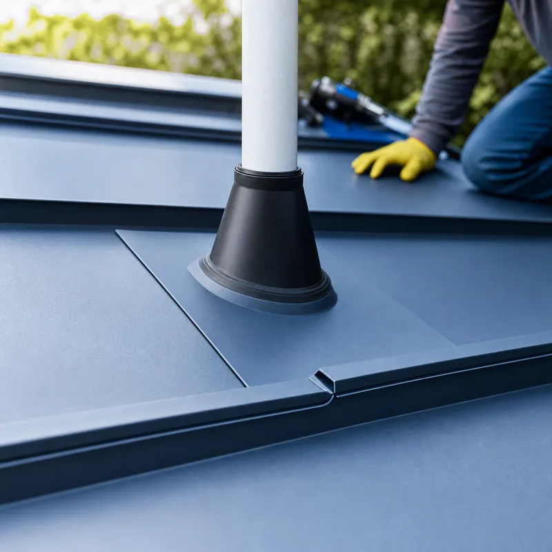 Close-up of standing seam panels with concealed clips, pipe boot flashing, and a neatly hemmed drip edge