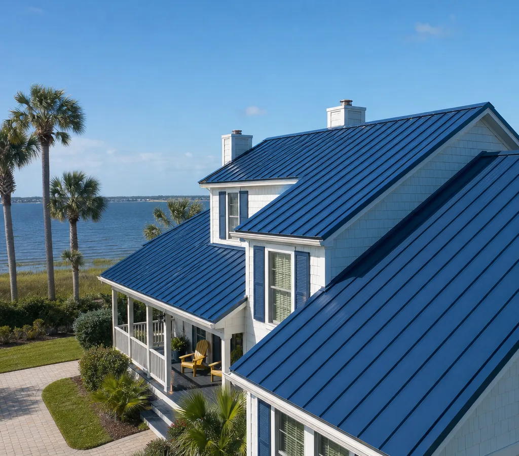 Jacksonville-area home with a newly installed standing seam metal roof showing clean ridge and eave lines