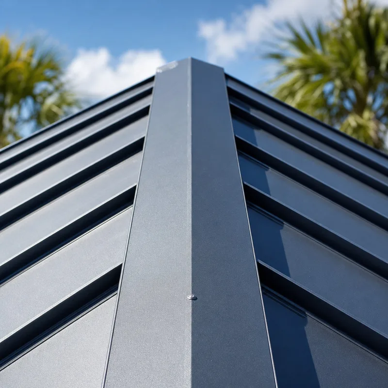 Standing seam panel alignment at a ridge with consistent seam spacing and a clean ridge cap termination
