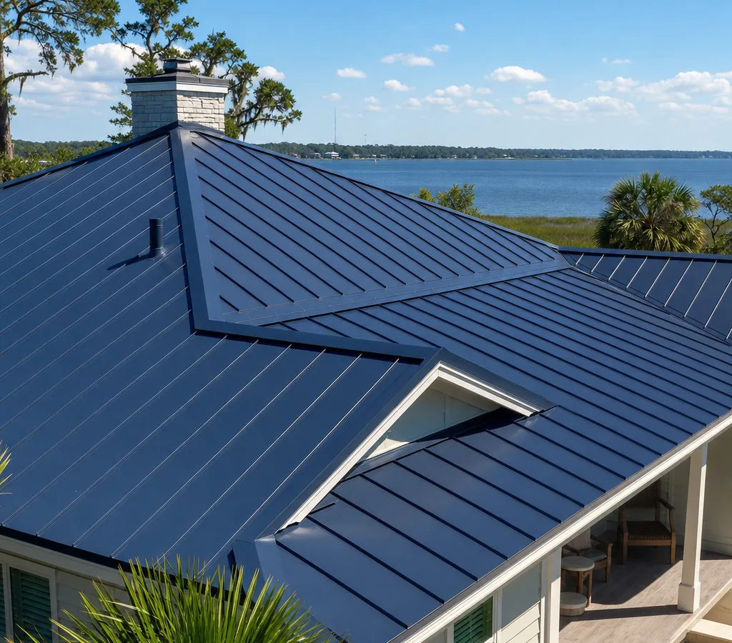 Jacksonville-area home with a newly installed standing seam metal roof, crisp panel lines, ridge cap, and flashed penetrations