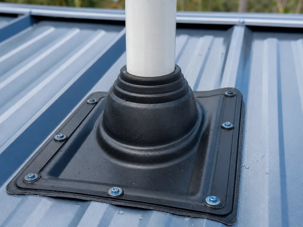 Metal roof pipe penetration with a compatible boot, sealant bead, flashing, and neatly fastened trim