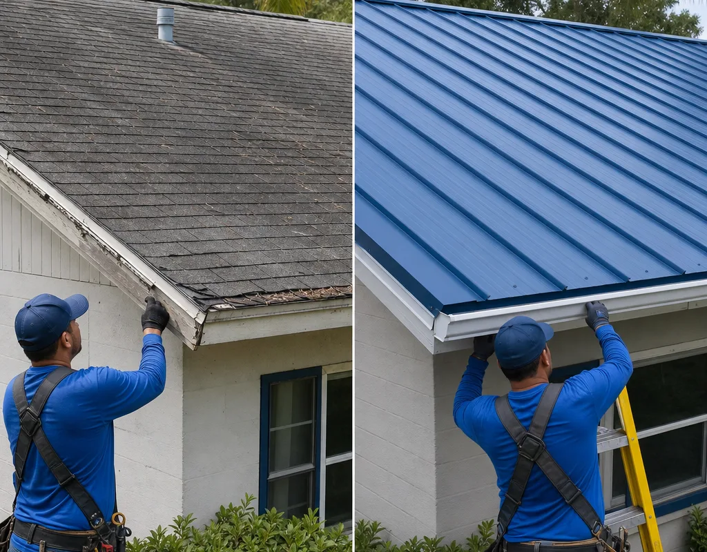 Before-and-after comparison of a shingle roof upgraded with a metal roofing system