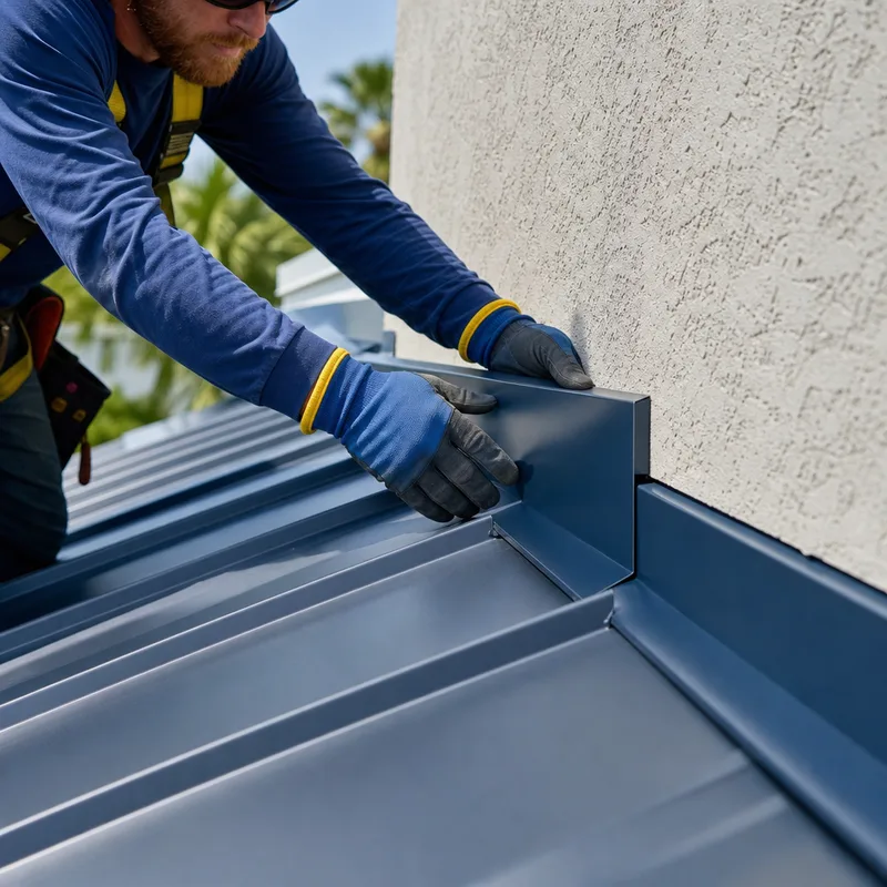 Close-up of integrated roof-to-wall flashing and neatly formed metal trim