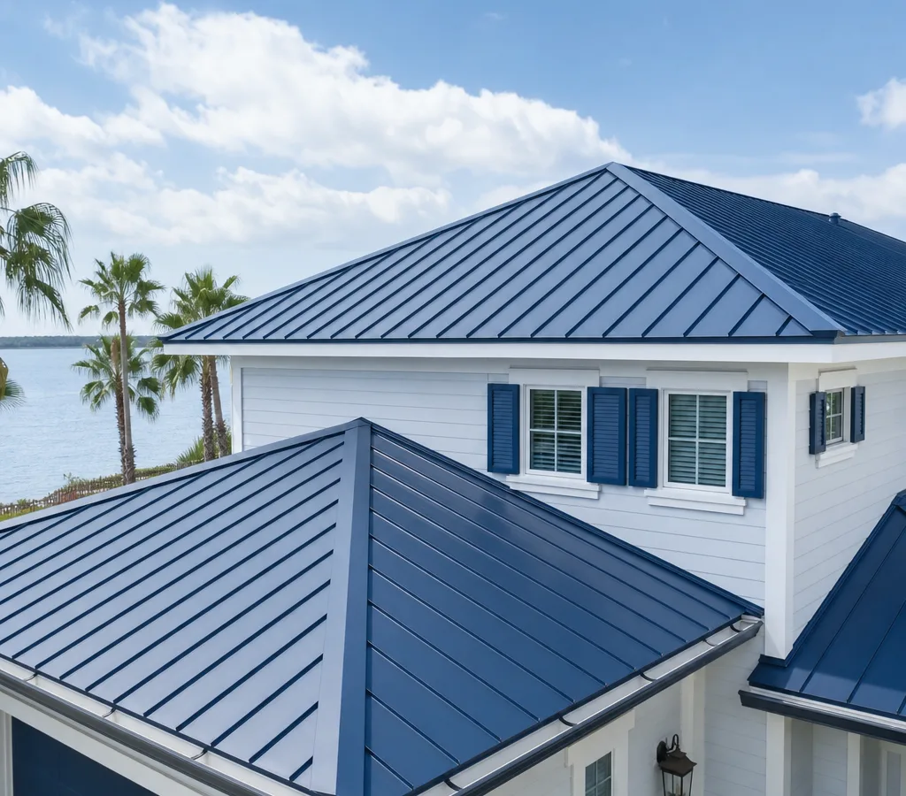 Finished standing seam metal roof on a Jacksonville home with crisp panel lines and neatly detailed eaves