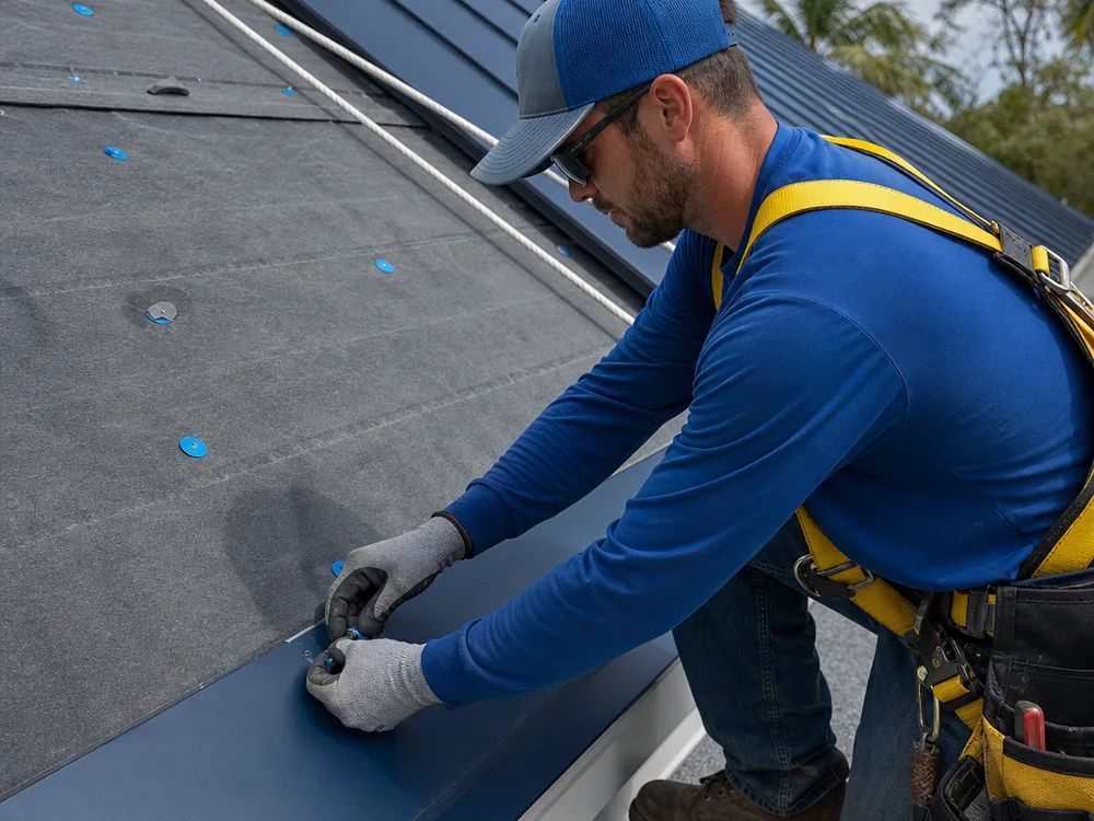 Installer aligning standing seam panels and clips at the eave with underlayment visible