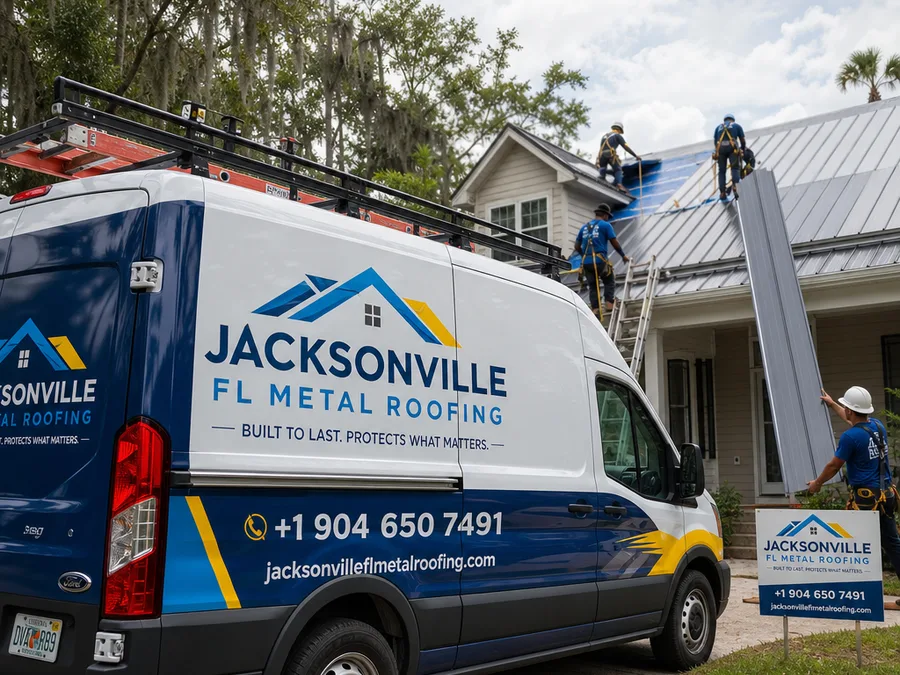 Roofing crew installing long metal panels on a Jacksonville home while using safety gear and careful staging