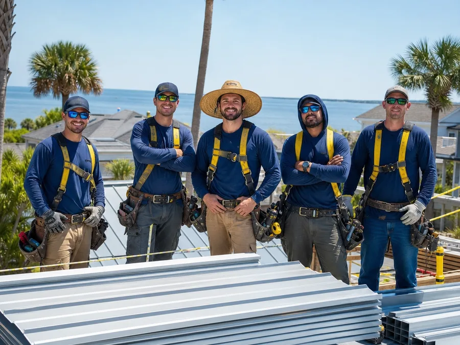 Jacksonville roofing crew with safety gear and staged metal roofing panels